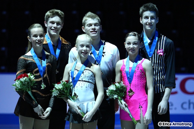 Winners in the Novice Pairs event included gold medalists (centre) Rachael Dobson, 13, Campbelleville & Alexander Sheldrick, 22, Paris and silver medalists (left) Judith Murtha-Anders, 15, Brighton & Trennt Michaud, 16, Trenton.