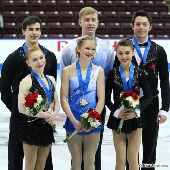 The Junior Pairs champions (centre) are Hayleigh Bell, 16, Acton & Alistair Sylvester, 18, Stratford.  Winning the bronze medal (right) were Mary Orr, 16, Brantford & Anthony Furiano, 22, Brantford.