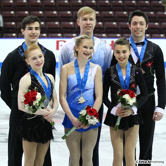 The Junior Pairs champions (centre) are Hayleigh Bell, 16, Acton & Alistair Sylvester, 18, Stratford. Winning the bronze medal (right) were Mary Orr, 16, Brantford & Anthony Furiano, 22, Brantford.