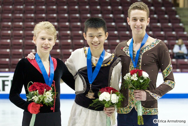 In Junior Men, Anthony Kan (centre), 17, Richmond Hill, won gold and Denis Margalik (left), 15, Mississauga, won silver.